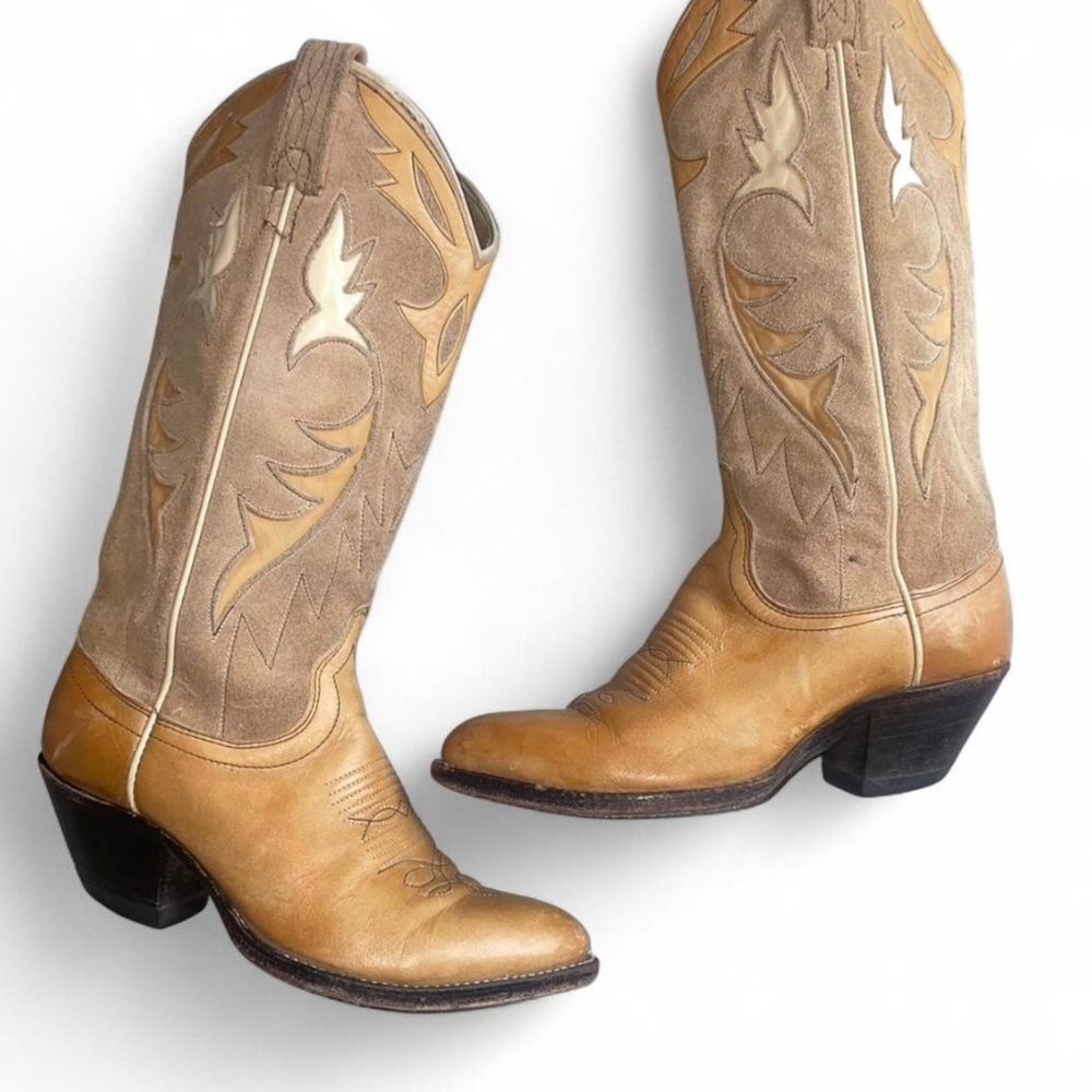 Vintage 80s Dan Post Tan and brown suede leather cowboy boots